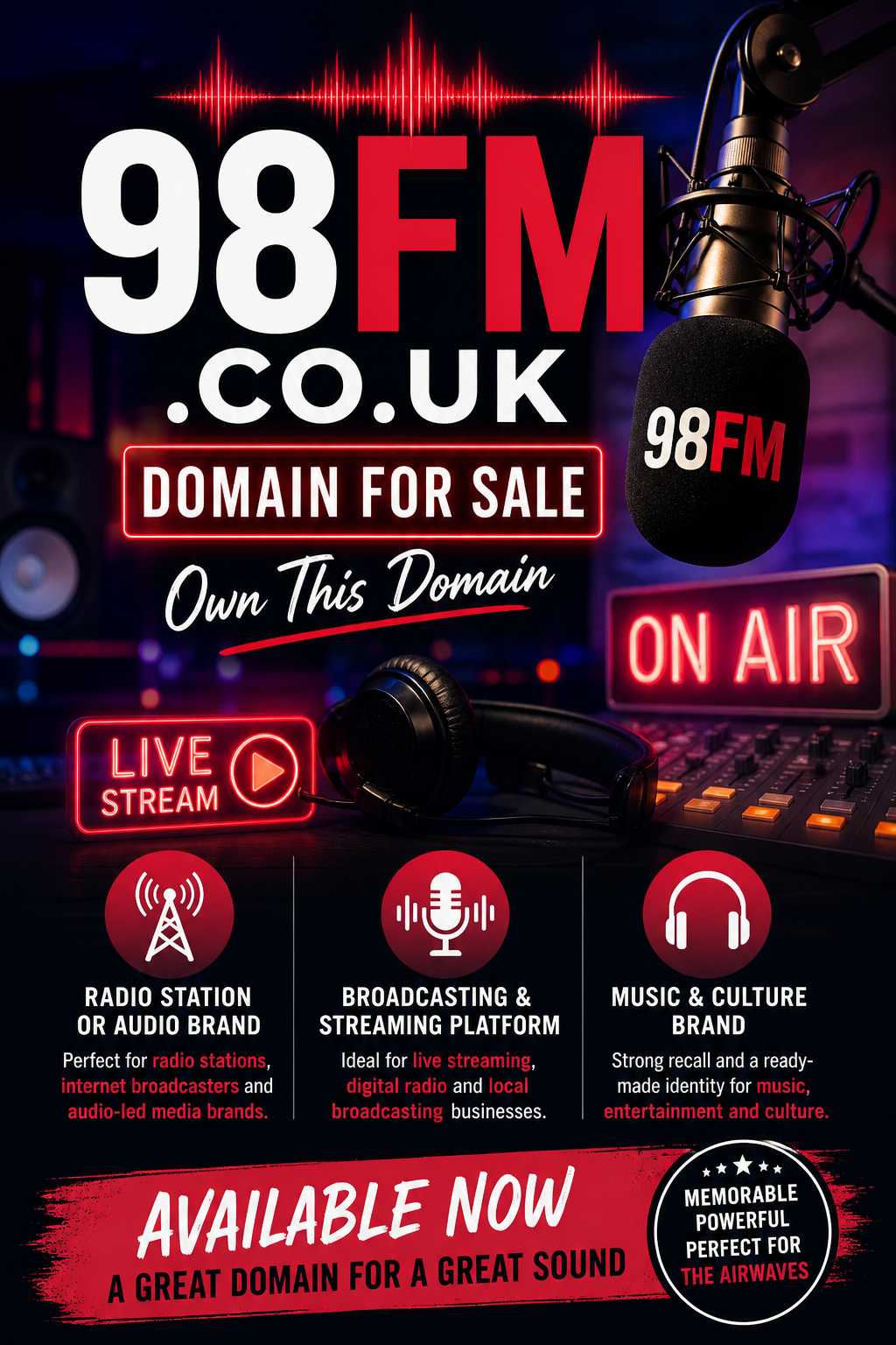 Promotional graphic featuring the domain 98fm.co.uk, shown with radio microphone and neon audio waves. Style: modern broadcast studio.
