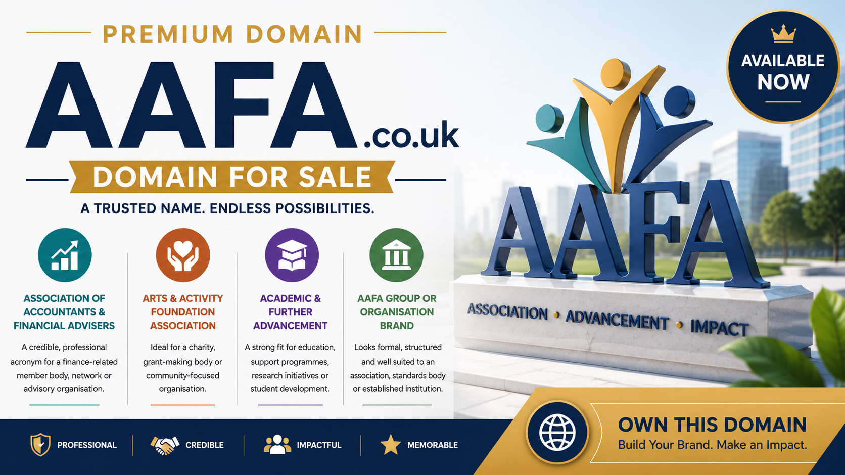 Promotional domain graphic featuring AAFA.co.uk, shown with association-themed icons and a professional monument display. Style: bright corporate and institutional.