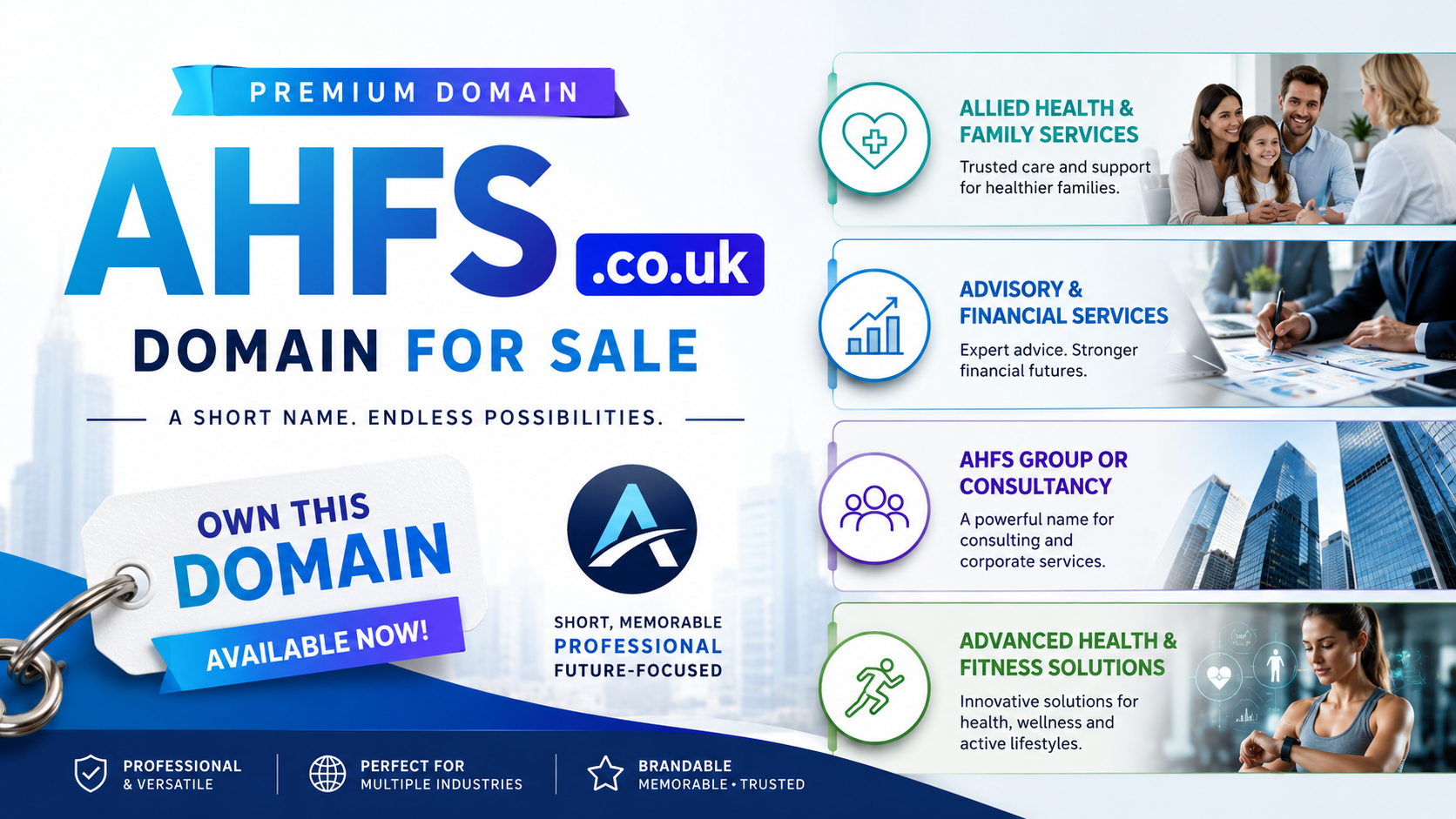 Promotional graphic featuring the domain AHFS.co.uk, shown with healthcare, finance and consultancy visuals. Style: bright modern corporate.