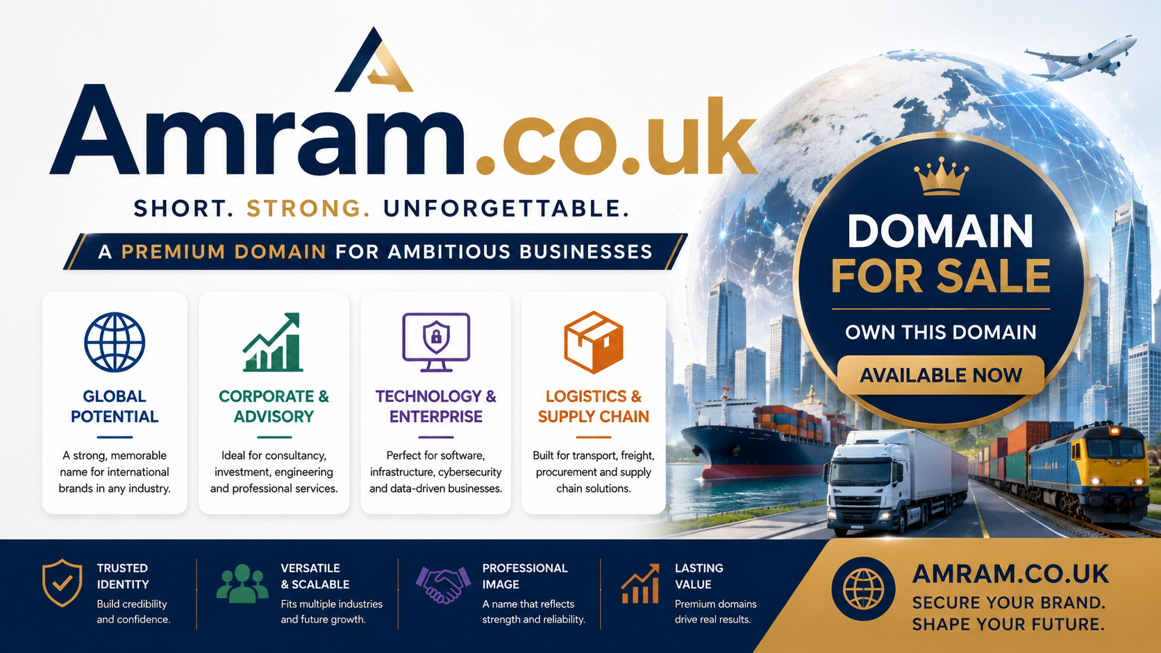 Promotional graphic featuring the domain Amram.co.uk, shown with global business, technology and logistics icons plus domain-for-sale signage. Style: bright premium corporate branding.