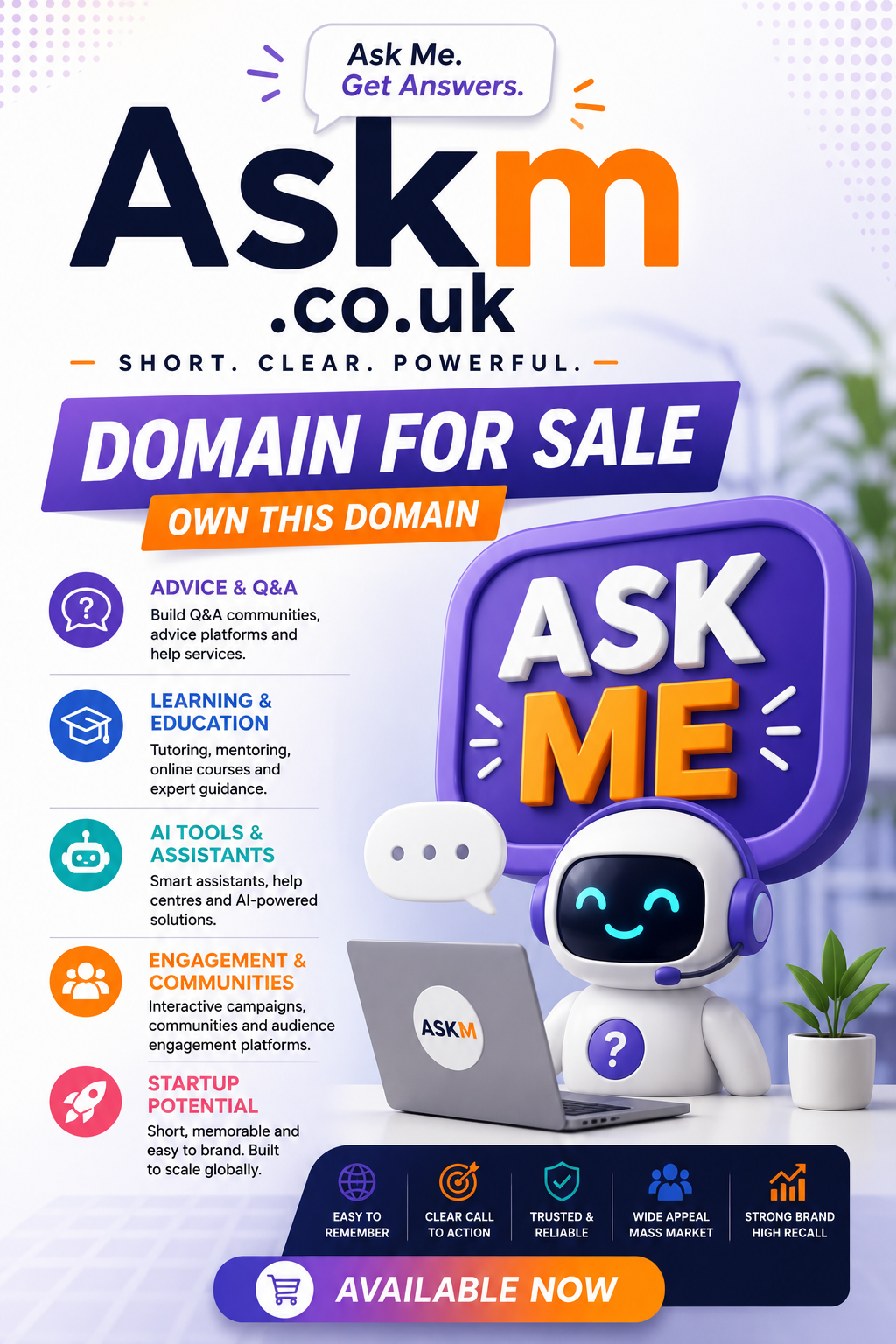 Promotional graphic featuring the domain Askm.co.uk, shown with AI assistant icons and question-answer elements. Style: bright modern startup branding.