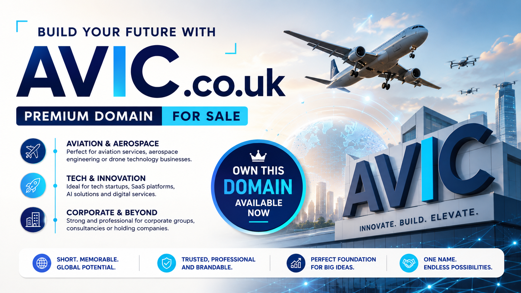 Promotional graphic featuring the domain AVIC.co.uk with aircraft, drones and futuristic tech visuals. Style: modern corporate.