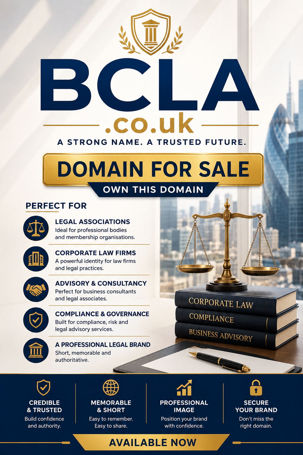 Promotional graphic featuring the domain BCLA.co.uk with legal icons, gold signage and corporate branding. Style: premium modern.