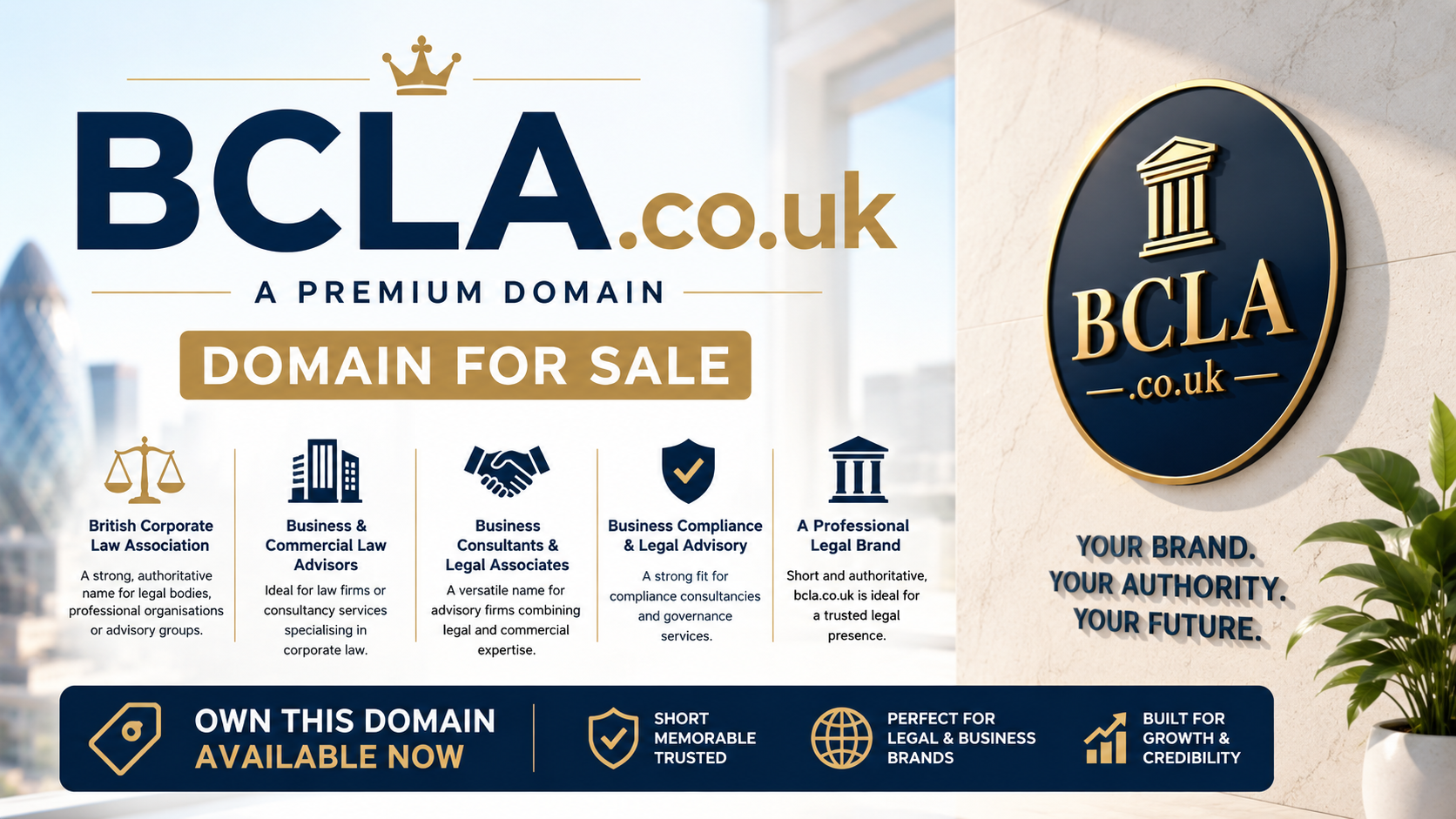 Promotional graphic featuring the domain BCLA.co.uk with legal icons, gold signage and corporate branding. Style: premium modern.