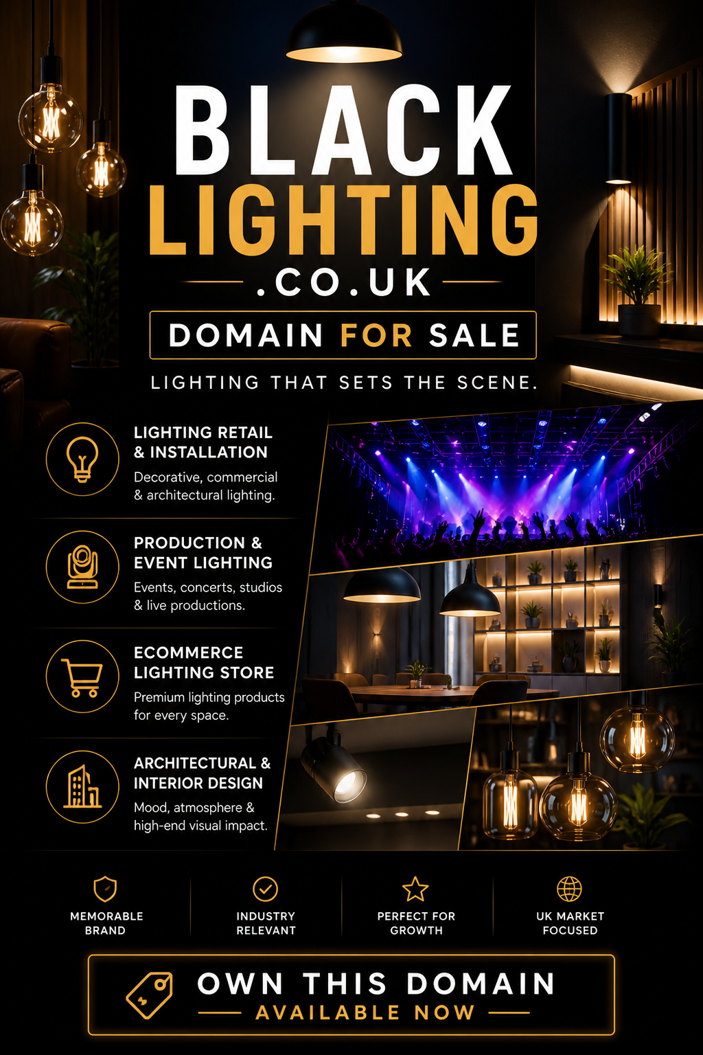 Promotional graphic featuring the domain blacklighting.co.uk, shown with modern lighting fixtures and stage lights. Style: sleek cinematic.