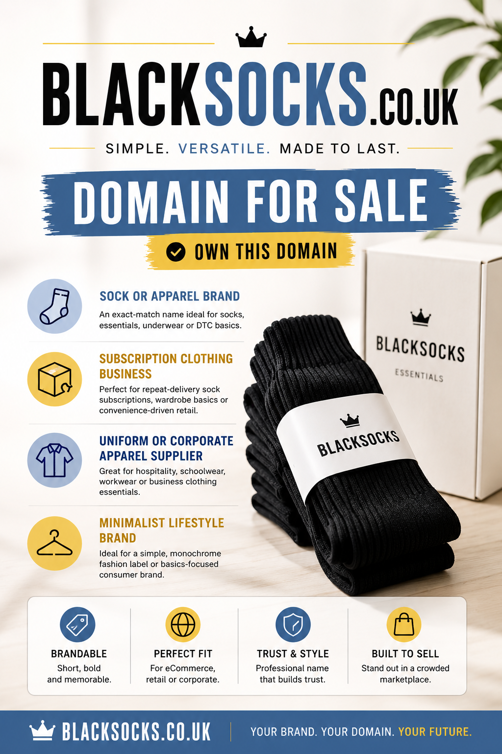 Promotional graphic for Blacksocks.co.uk with premium sock packaging, bold typography and bright minimalist retail styling.