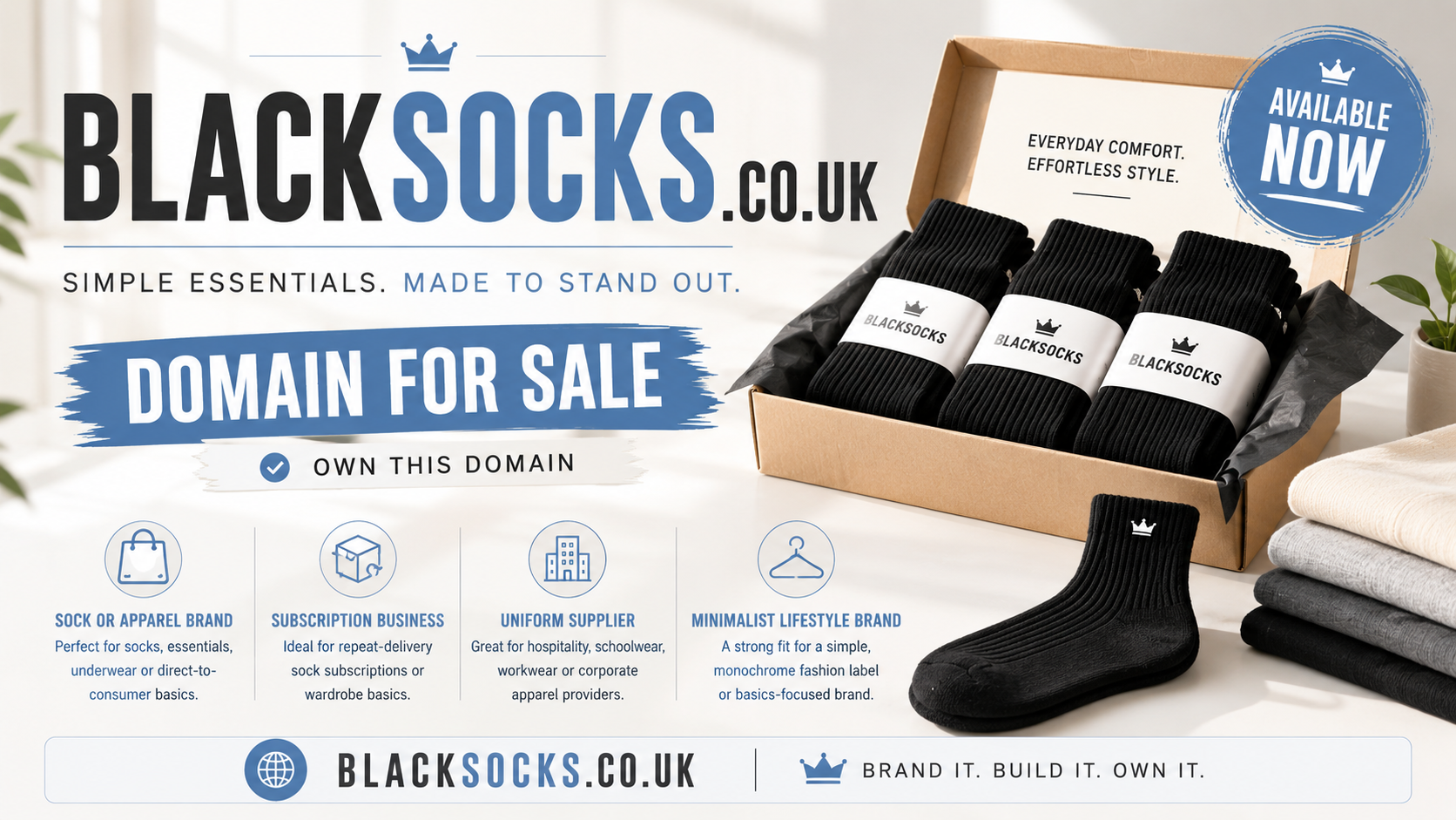 Promotional graphic for Blacksocks.co.uk with premium sock packaging, bold typography and bright minimalist retail styling.