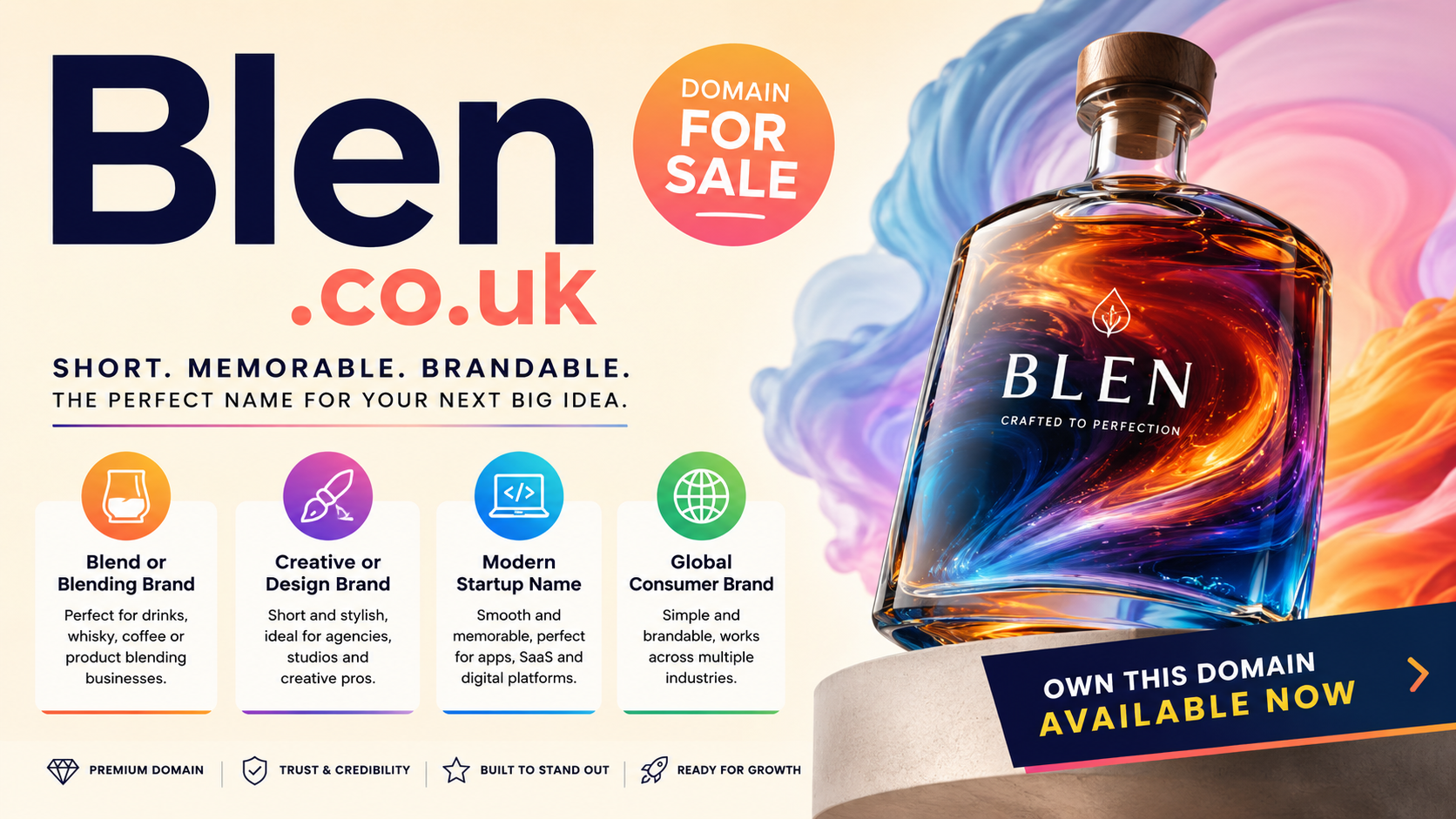Promotional graphic featuring the domain Blen.co.uk with colourful whisky bottle art and bold sale text. Style: modern premium branding.