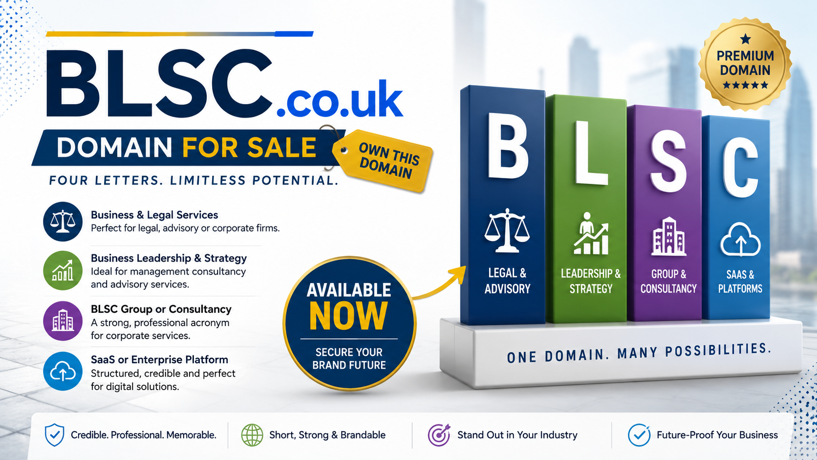Promotional graphic featuring the domain BLSC.co.uk with legal icons, strategy charts and modern corporate styling.