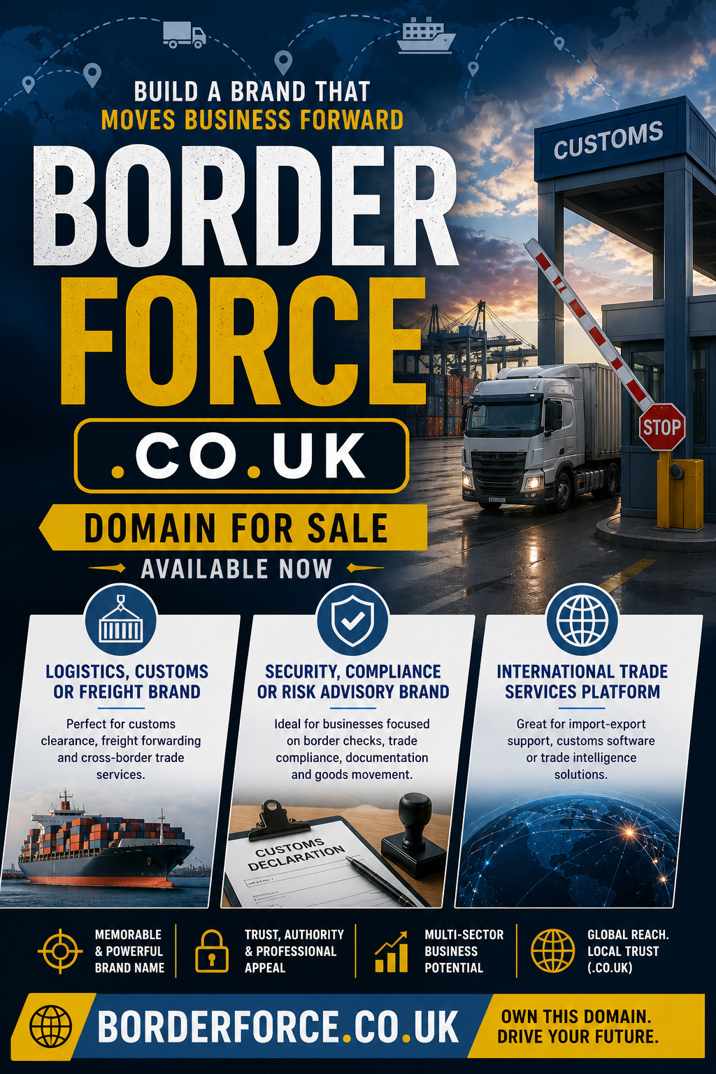 Promotional graphic featuring the domain borderforce.co.uk, shown with cargo truck and customs checkpoint. Style: bold, professional