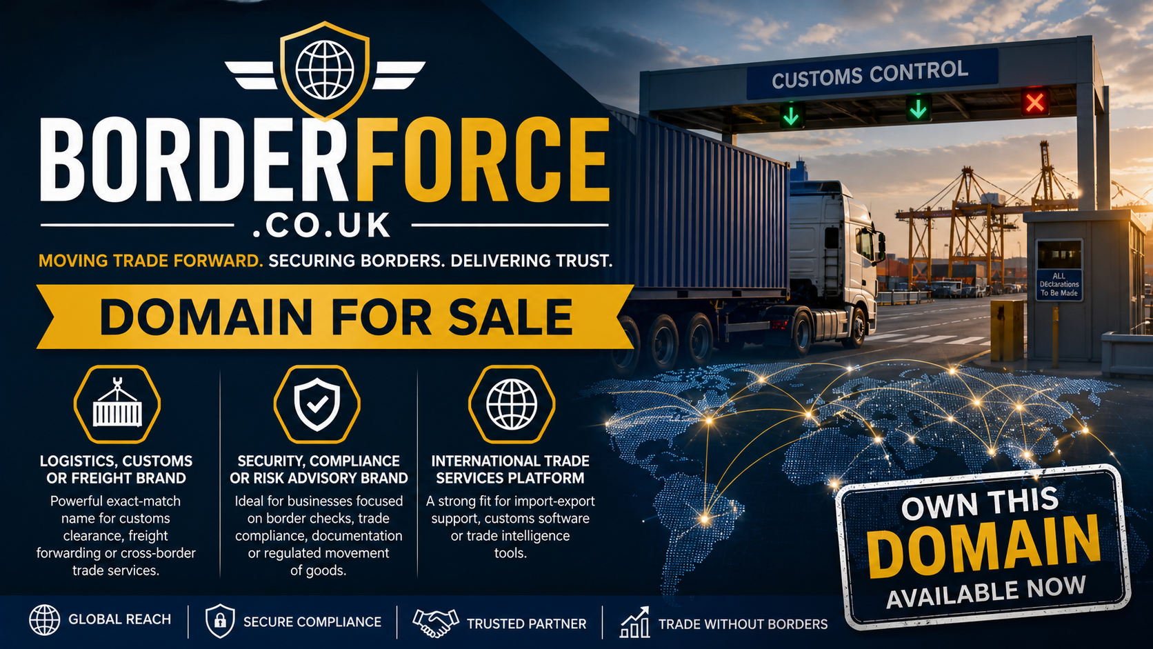 Promotional banner featuring the domain borderforce.co.uk, shown with customs checkpoint and cargo truck. Style: bold logistics corporate.