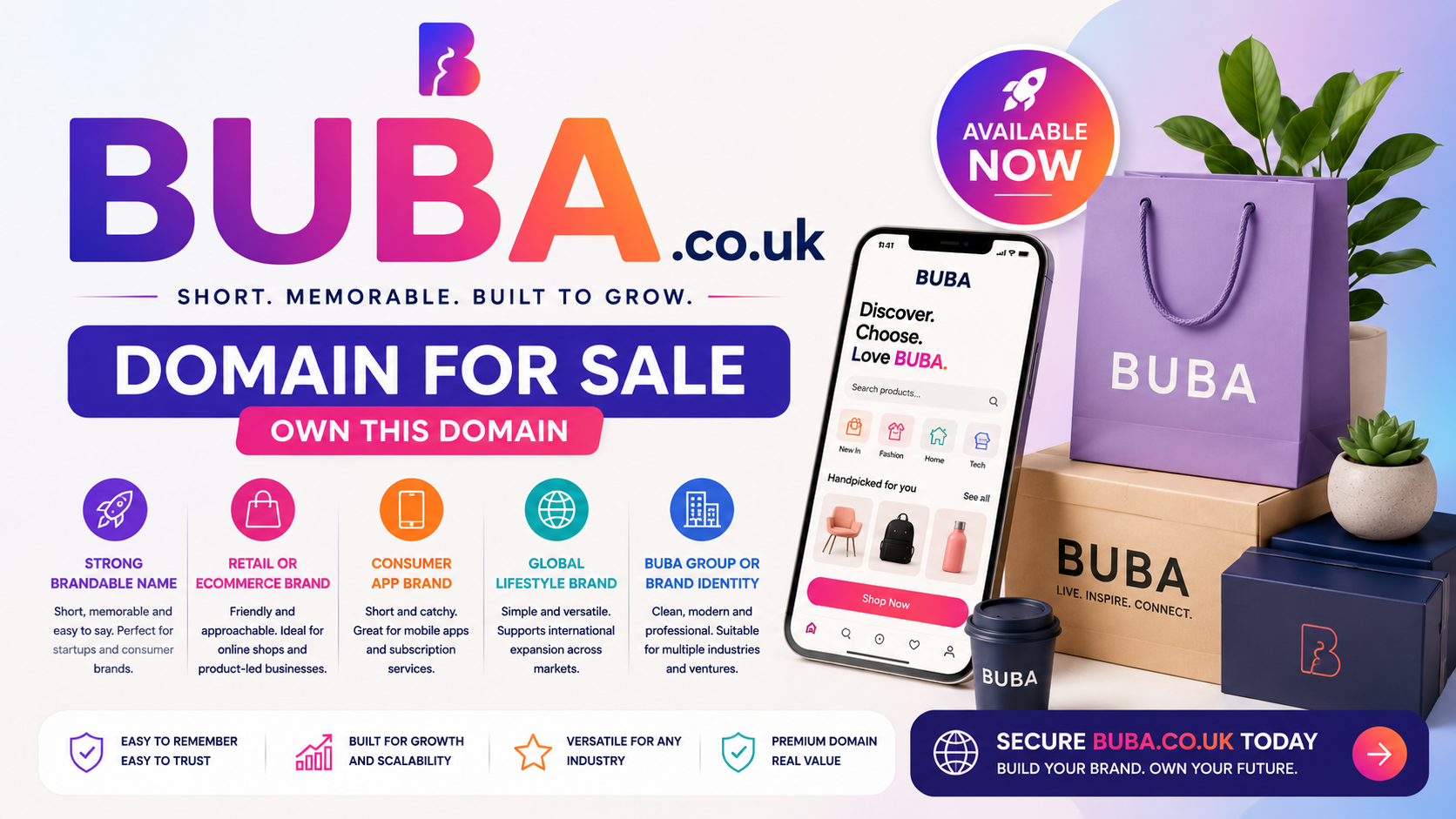 Promotional graphic featuring the domain BUBA.co.uk with ecommerce, app and lifestyle brand visuals. Style: bright modern startup.