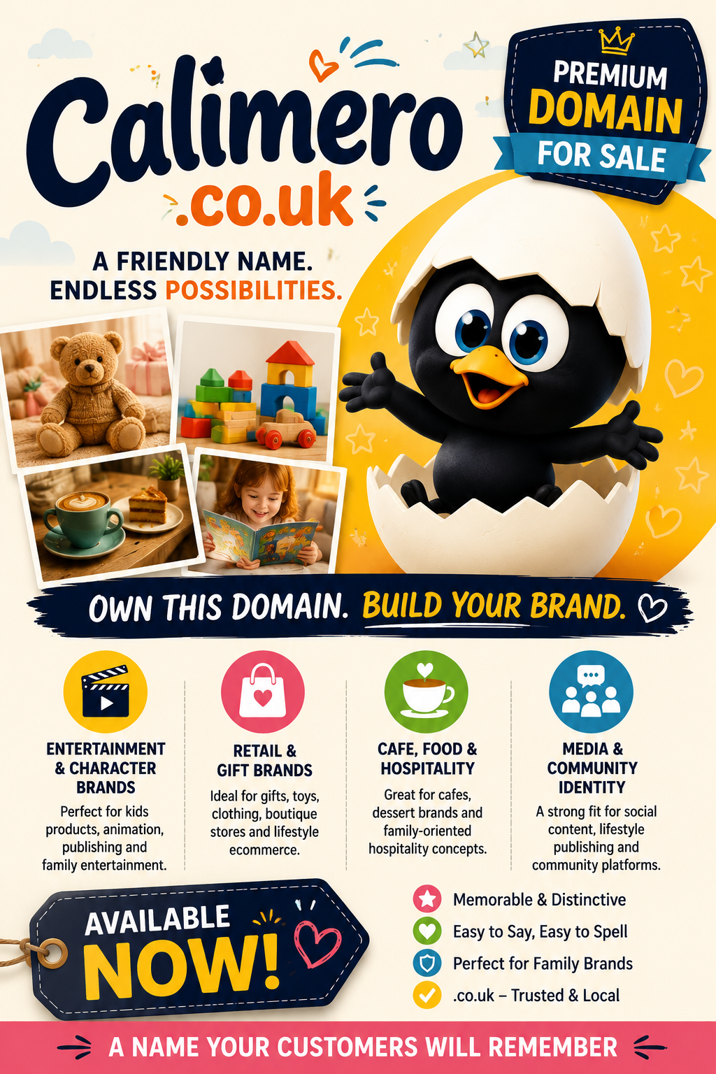 Promotional graphic featuring the domain Calimero.co.uk, shown with playful entertainment and retail-themed visuals. Style: bright, cheerful and family-friendly.