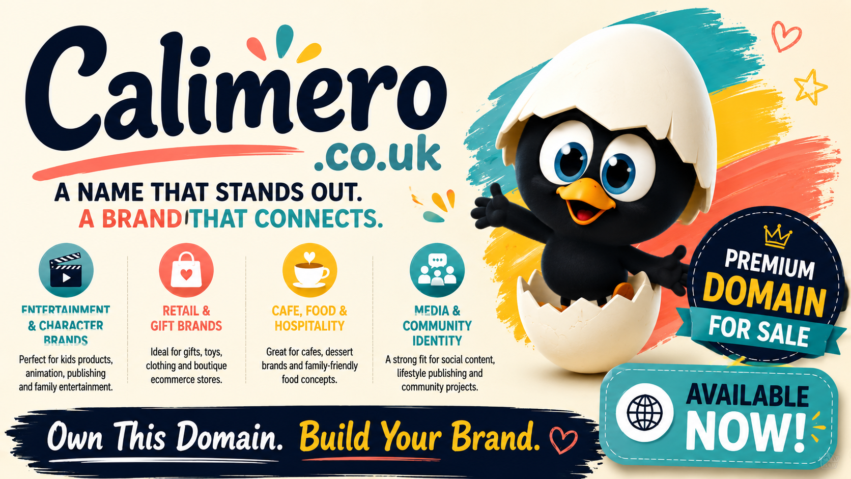 Promotional graphic featuring the domain Calimero.co.uk, shown with playful entertainment and retail-themed visuals. Style: bright, cheerful and family-friendly.