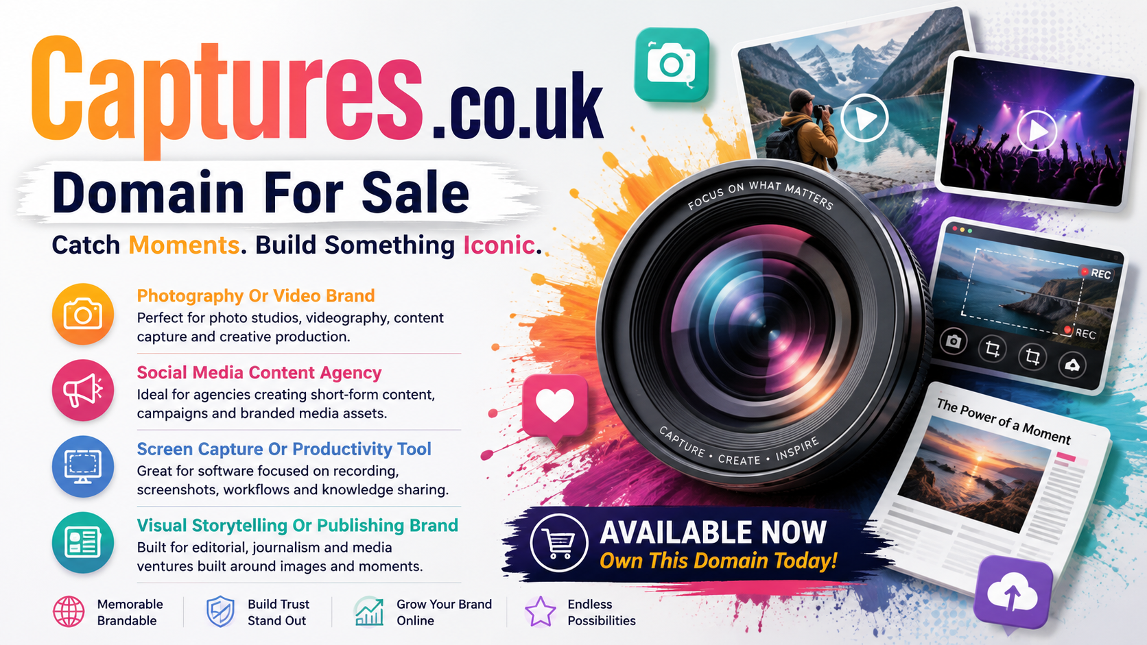 Promotional graphic featuring the domain Captures.co.uk, shown with a camera lens and media content panels. Style: vibrant modern creative.