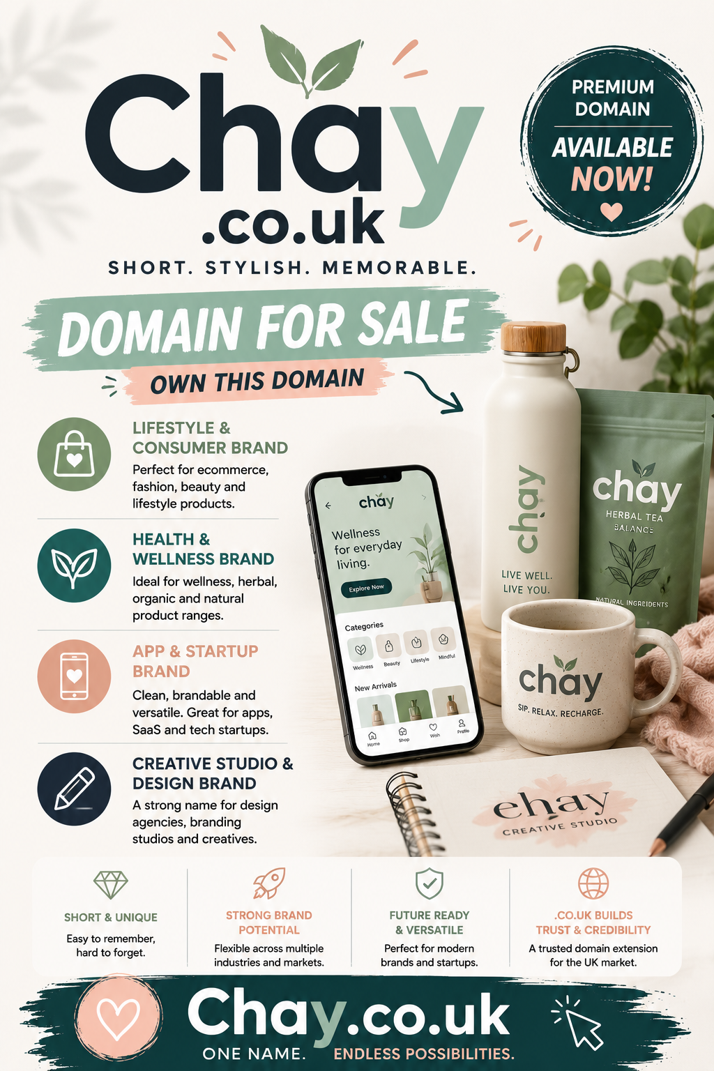 Promotional graphic featuring the domain Chay.co.uk, shown with wellness-inspired branding, creative design elements and modern lifestyle visuals. Style: bright premium startup aesthetic.
