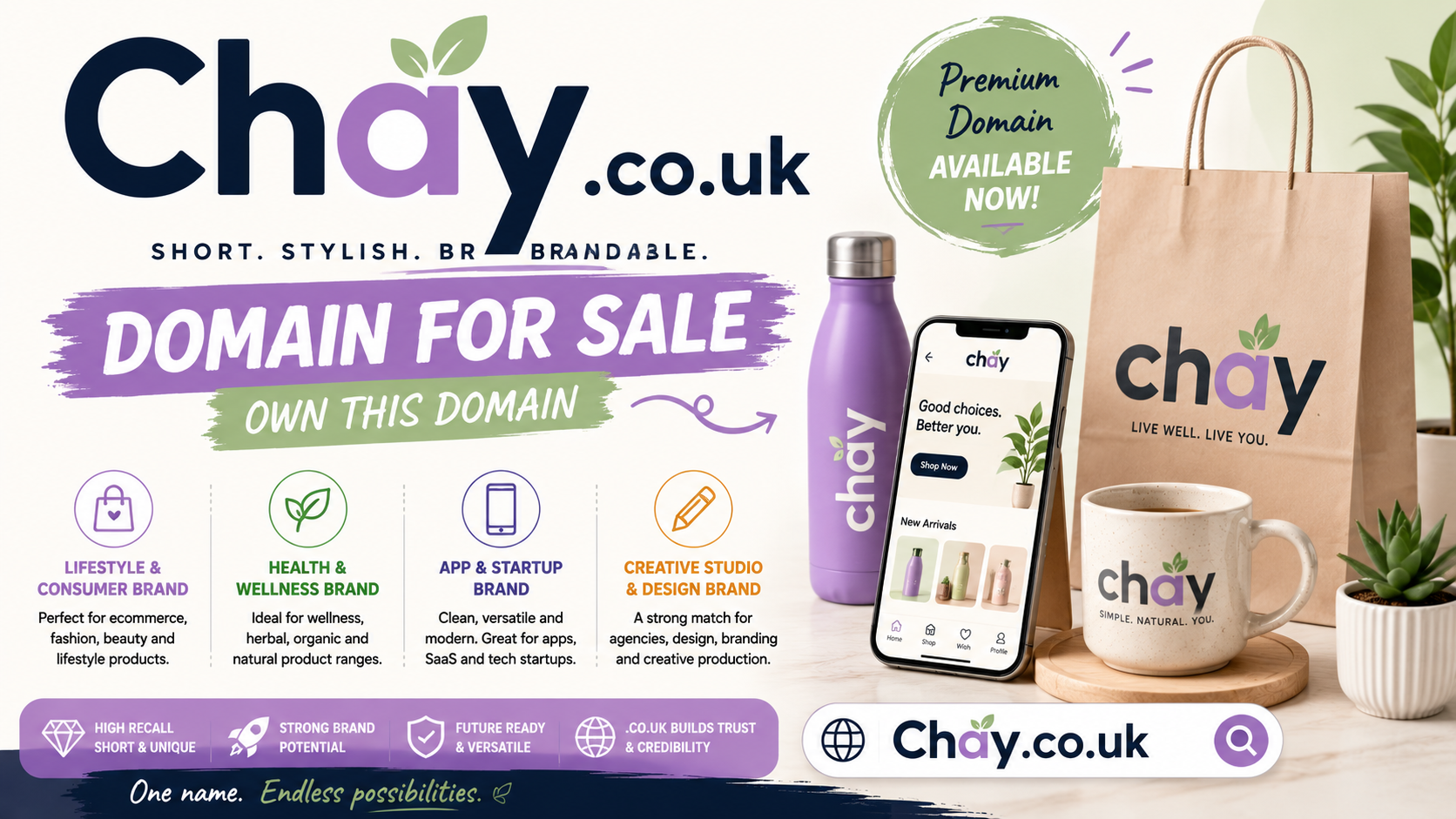 Promotional graphic featuring the domain Chay.co.uk, shown with wellness-inspired branding, creative design elements and modern lifestyle visuals. Style: bright premium startup aesthetic.