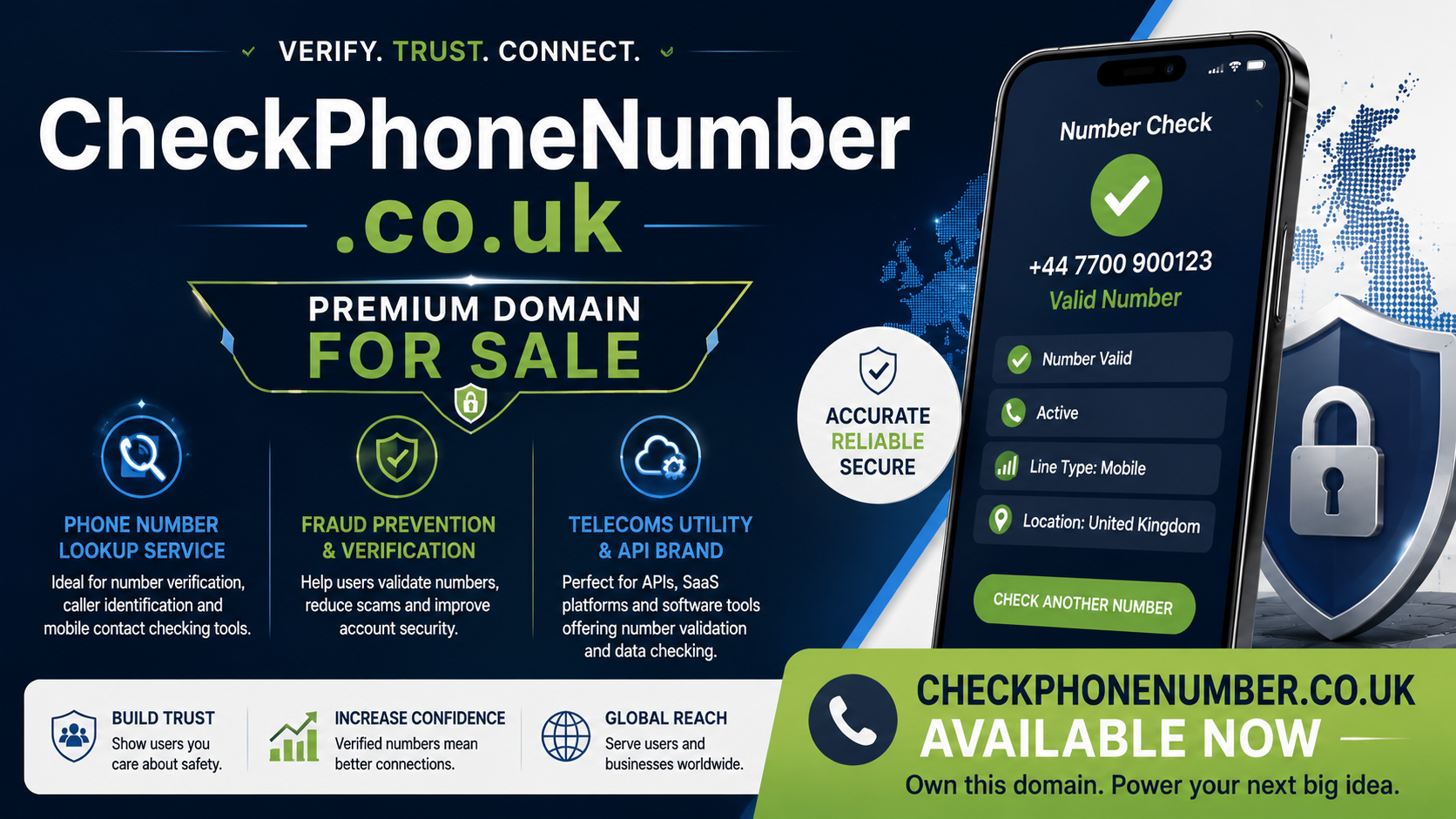 Tech-themed graphic for checkphonenumber.co.uk with mobile verification UI, shield icons and security branding.