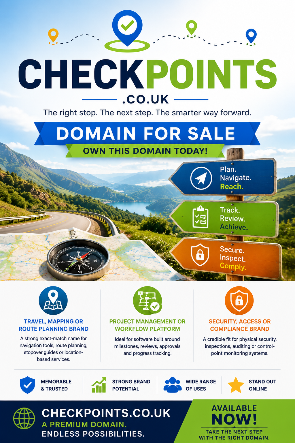 Promotional graphic featuring checkpoints.co.uk with colourful route signs, compass and workflow icons. Style: bright modern.