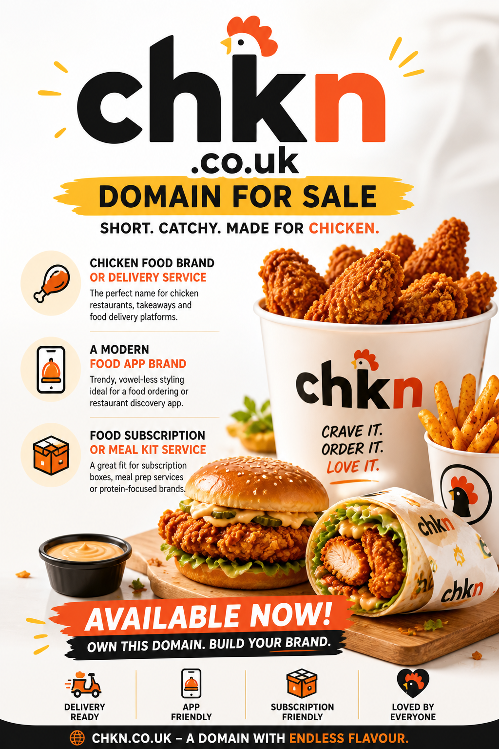 Promotional graphic featuring the domain chkn.co.uk, shown with fried chicken box and delivery icons. Style: bright modern food branding.