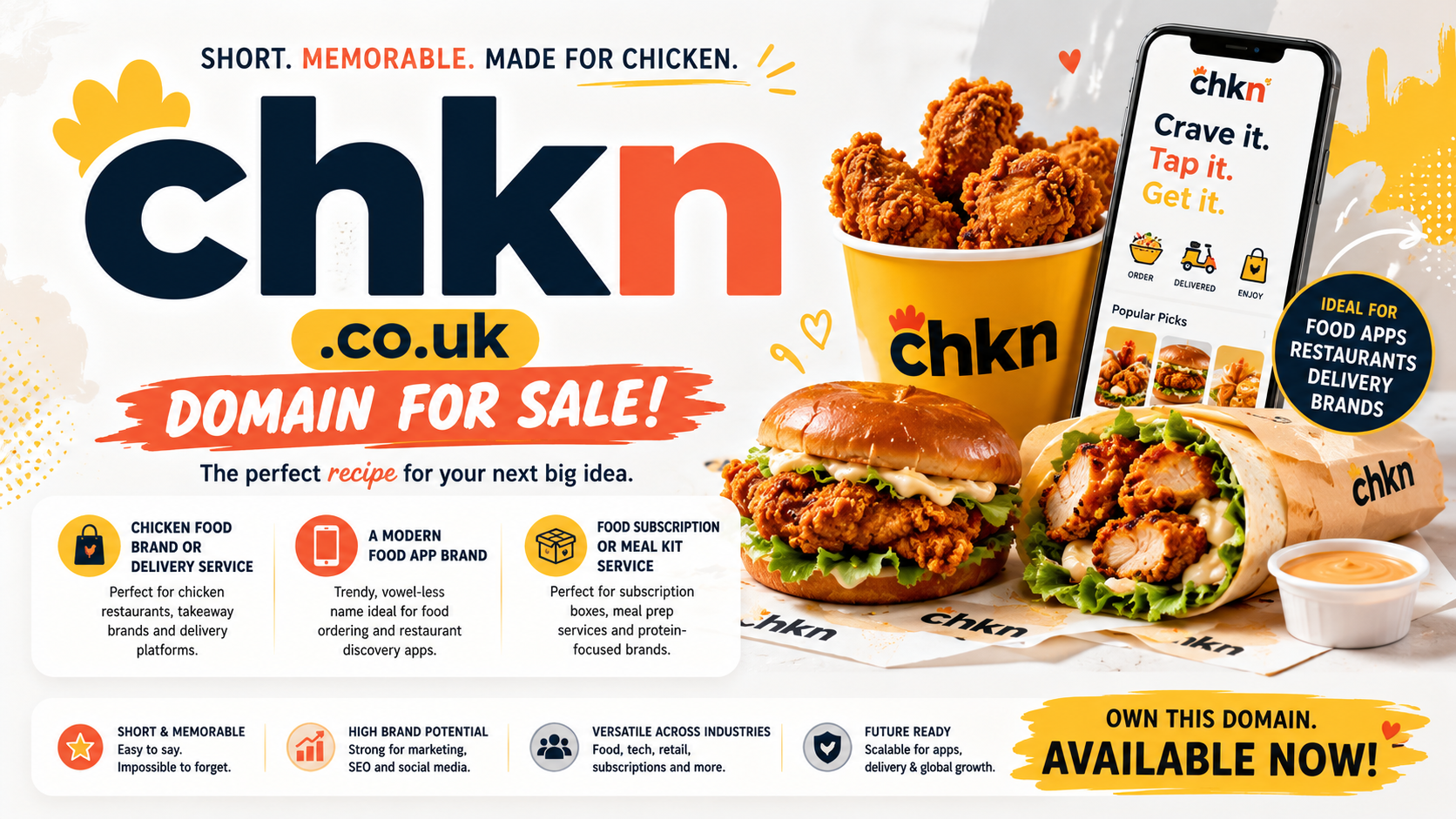 Promotional graphic featuring the domain chkn.co.uk, shown with fried chicken box and delivery icons. Style: bright modern food branding.