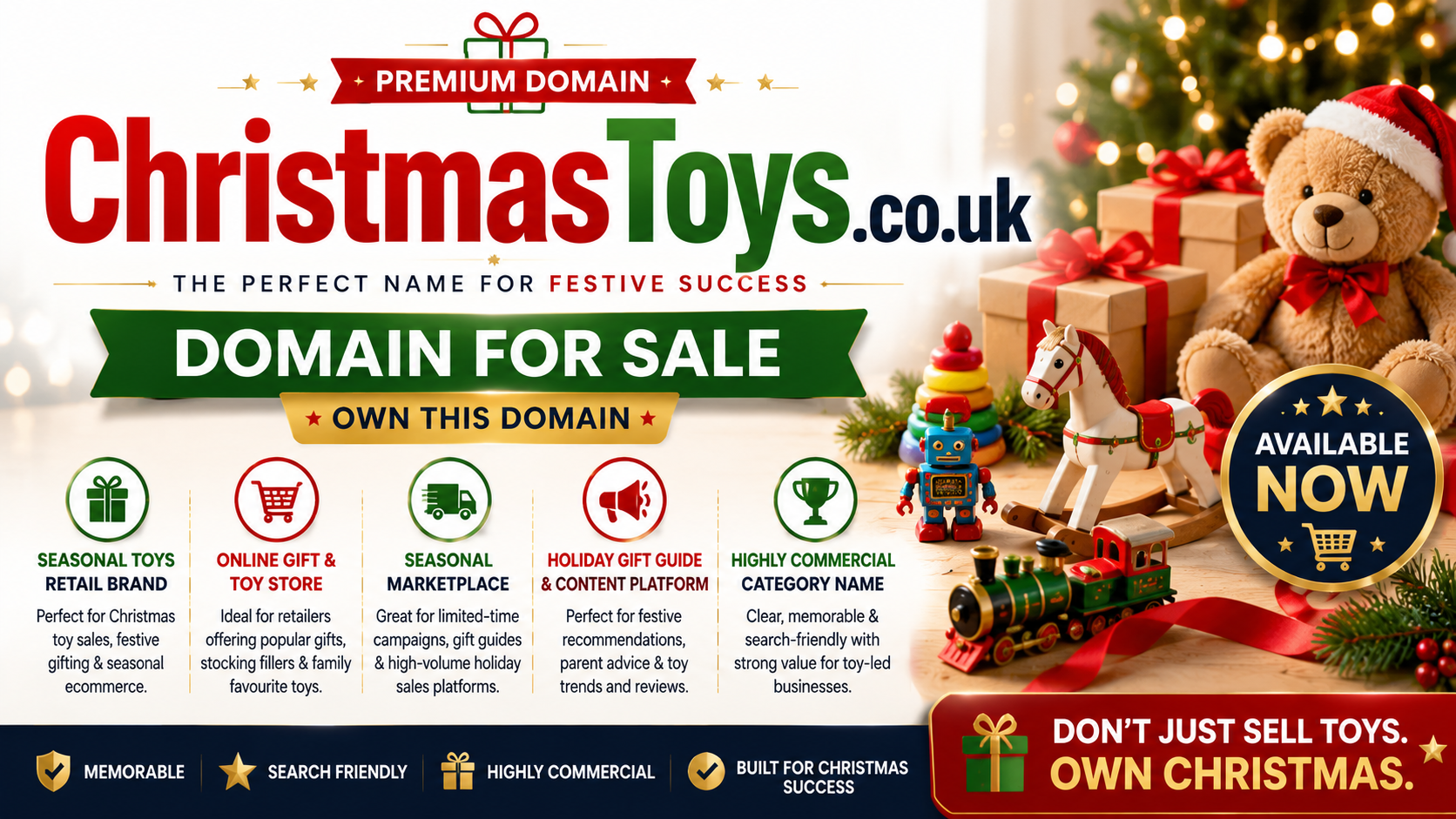 Promotional graphic featuring the domain ChristmasToys.co.uk, shown with festive toys, gift boxes and Christmas decorations. Style: bright seasonal retail.