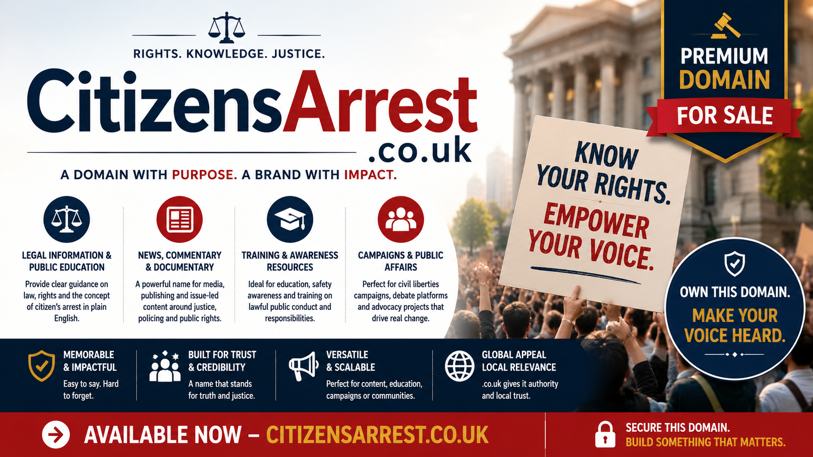 Promotional graphic featuring the domain CitizensArrest.co.uk, shown with legal scales, civic rights imagery and public education themes. Style: professional, authoritative and informative.