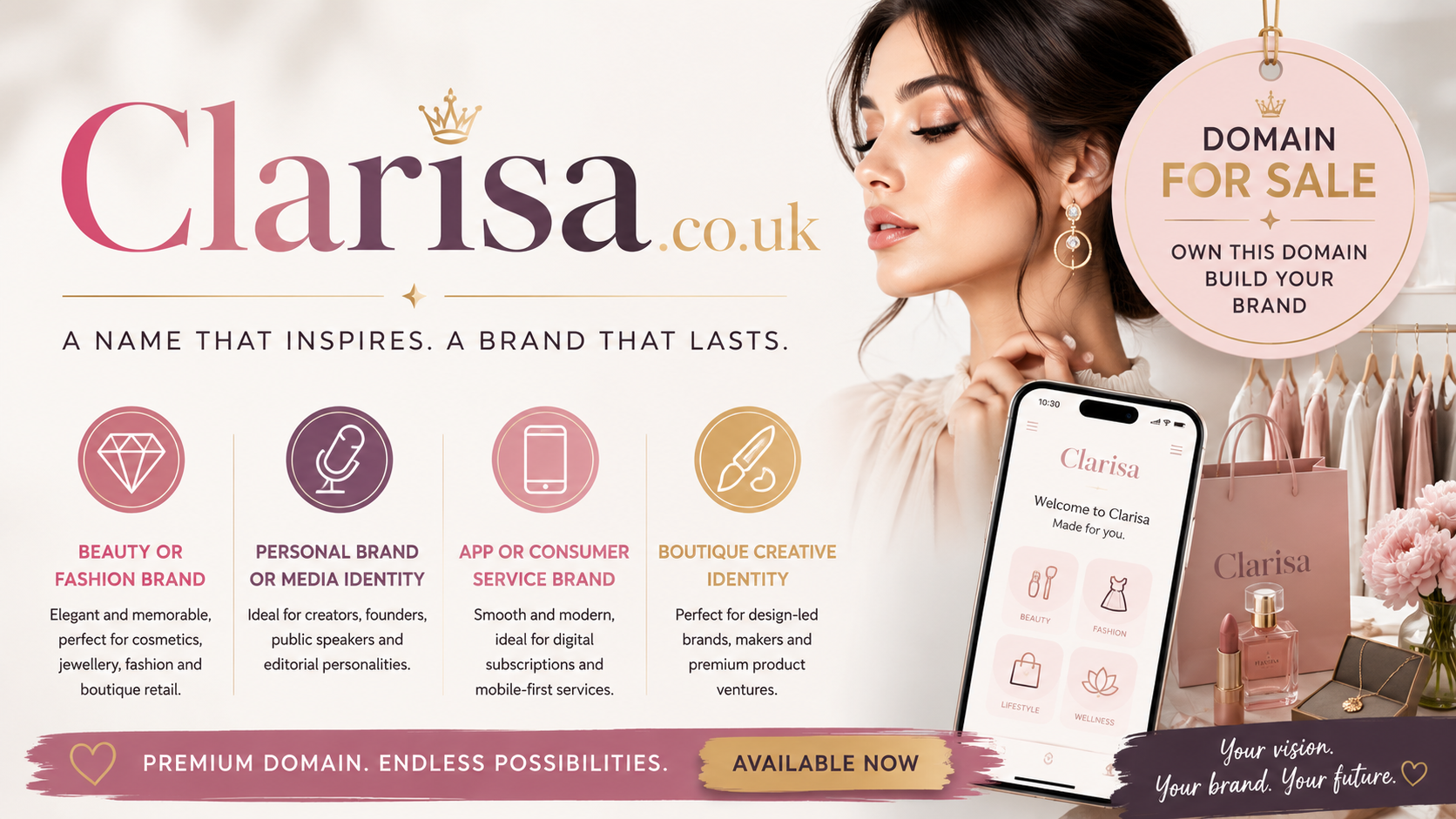 Promotional graphic featuring the domain Clarisa.co.uk with fashion model, mobile app mockup and luxury beauty products. Style: elegant premium branding.