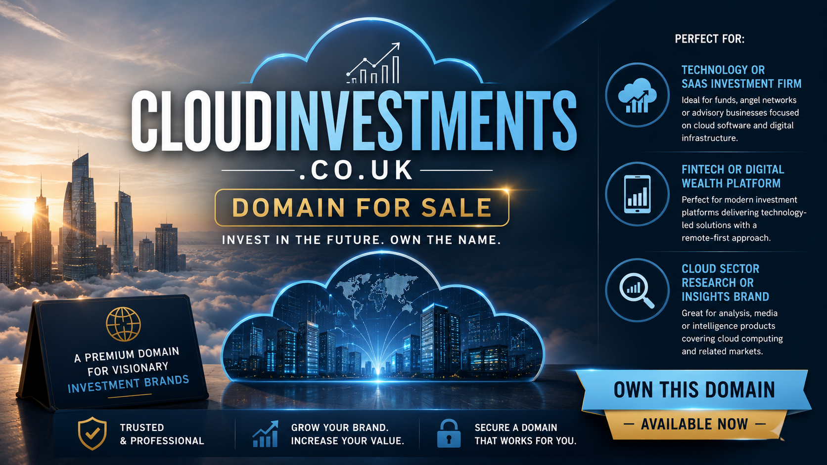 Promotional graphic featuring cloudinvestments.co.uk with cloud skyline, fintech icons and investment visuals. Style: futuristic corporate.