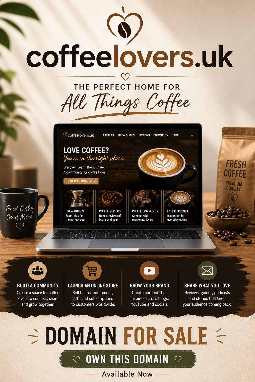 Promotional graphic featuring the domain coffeelovers.uk, shown with latte art and coffee icons. Style: warm modern caf�.