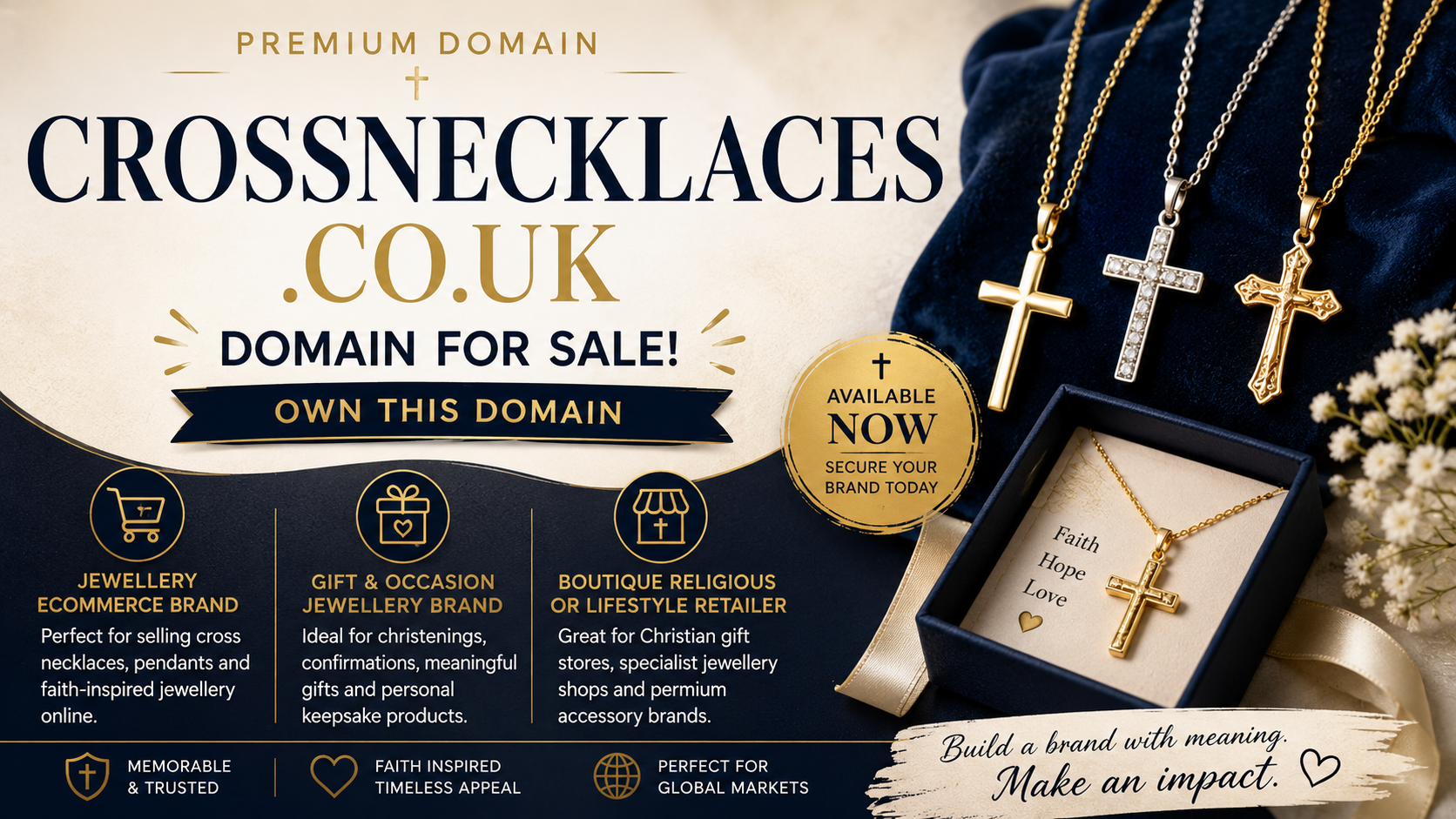 Promotional graphic featuring the domain crossnecklaces.co.uk with gold cross jewellery and gift packaging. Style: luxury modern retail.