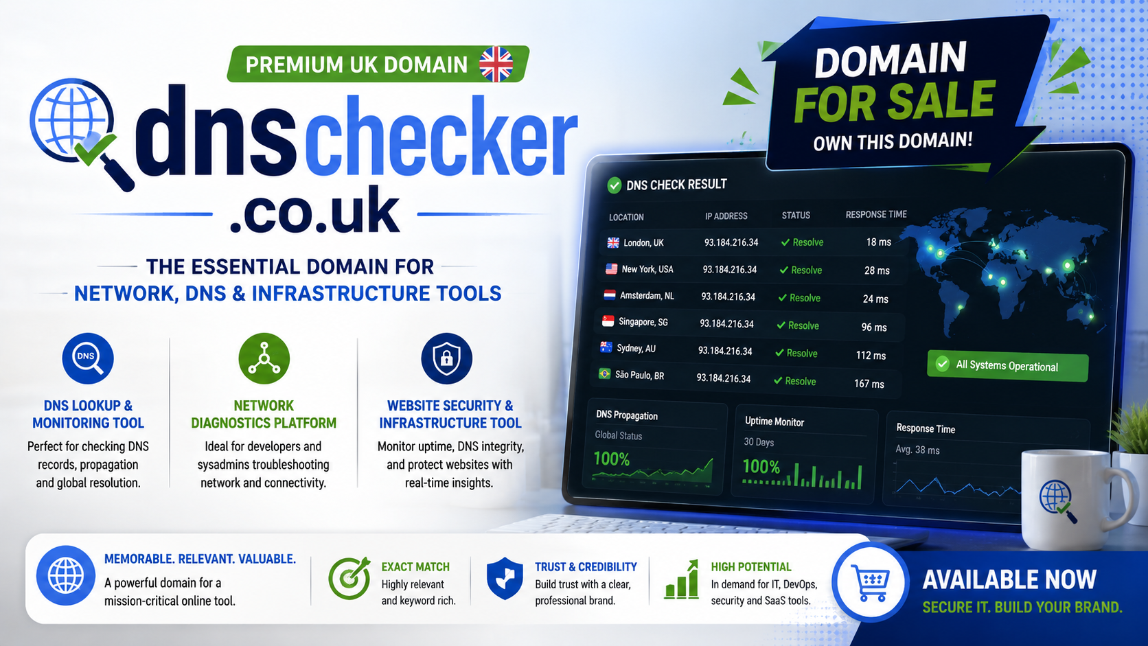 Promotional tech graphic featuring dnschecker.co.uk with DNS dashboards and network monitoring visuals. Style: clean SaaS.