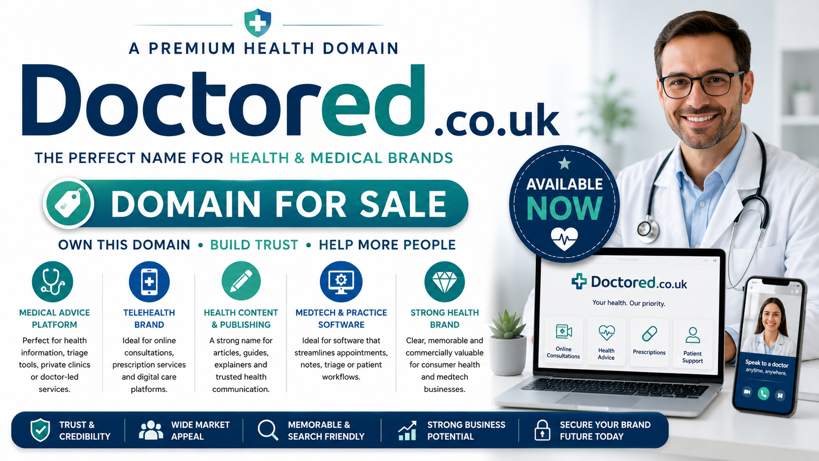 Promotional graphic featuring the domain Doctored.co.uk, shown with healthcare technology and medical consultation visuals. Style: bright modern healthcare.
