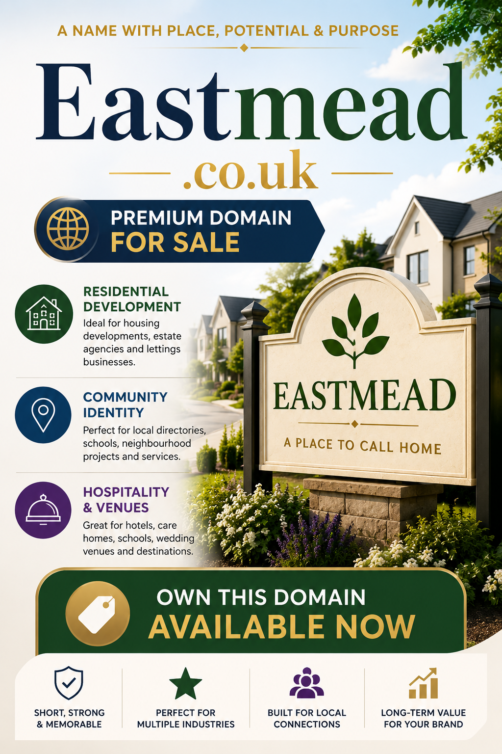 Promotional graphic for Eastmead.co.uk with elegant estate signage, modern homes and domain-for-sale branding. Style: bright luxury.