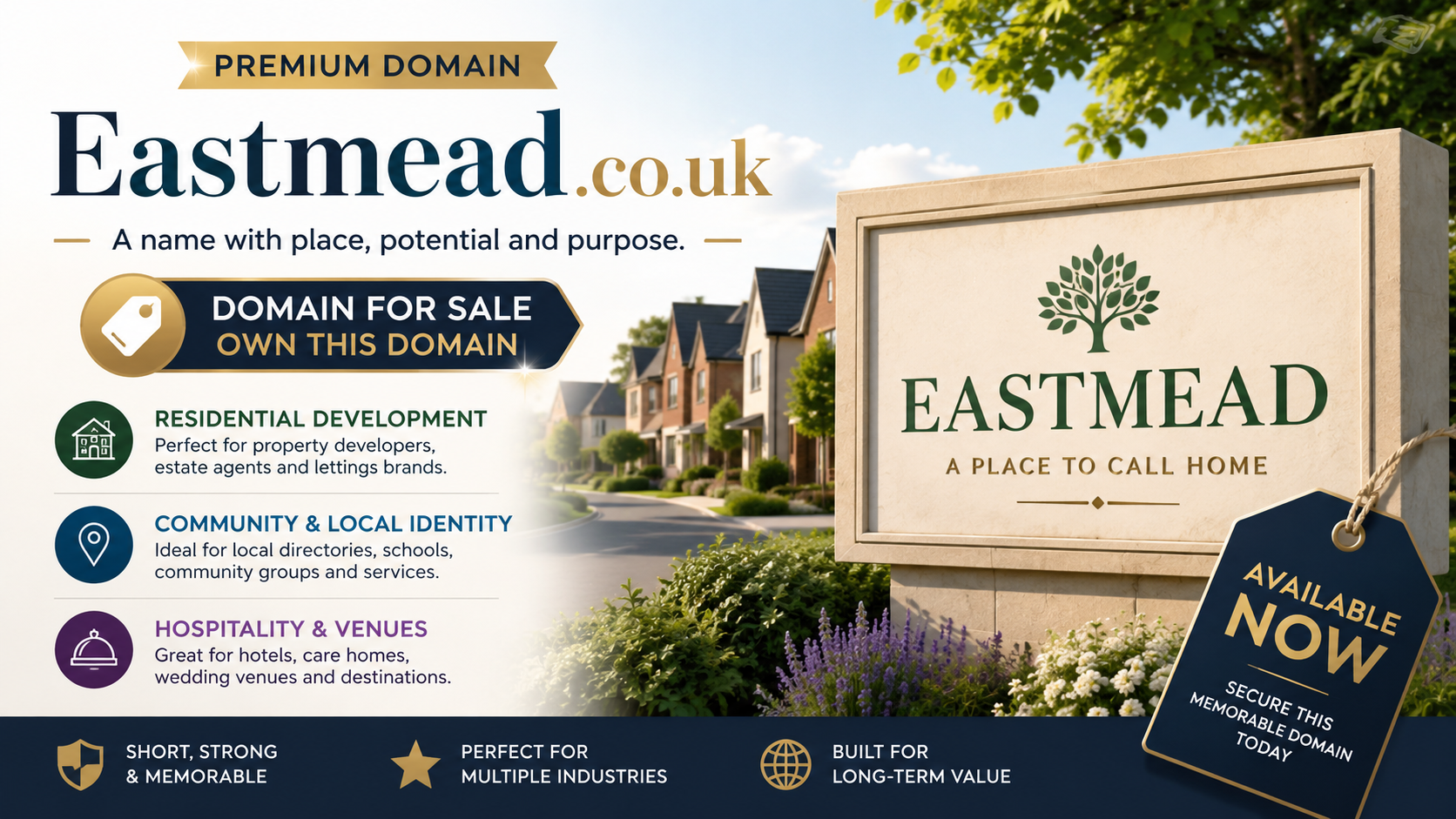 Promotional graphic for Eastmead.co.uk with elegant estate signage, modern homes and domain-for-sale branding. Style: bright luxury.