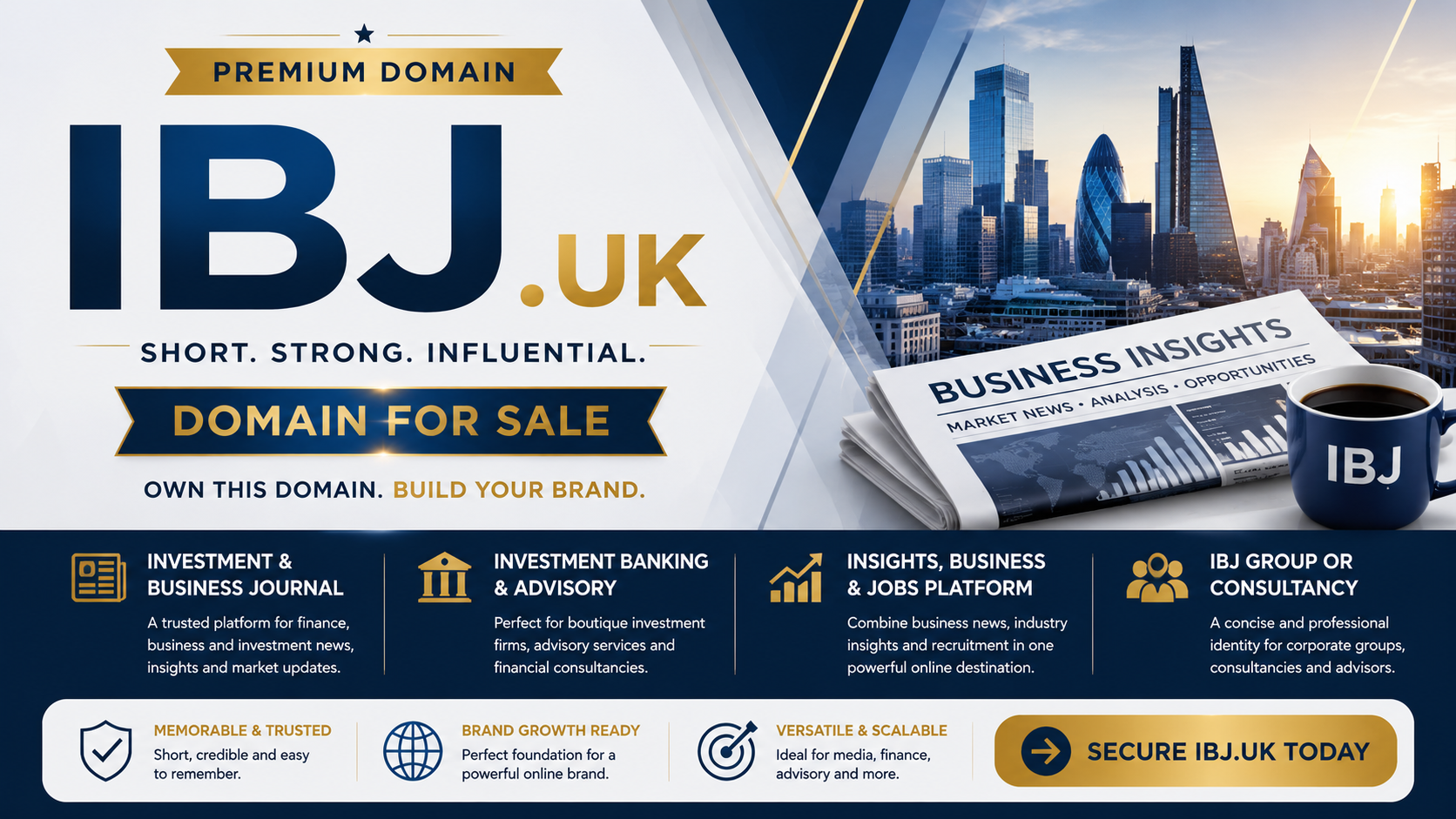 Corporate promotional graphic for IBJ.uk with London skyline, business newspaper imagery and premium finance branding.