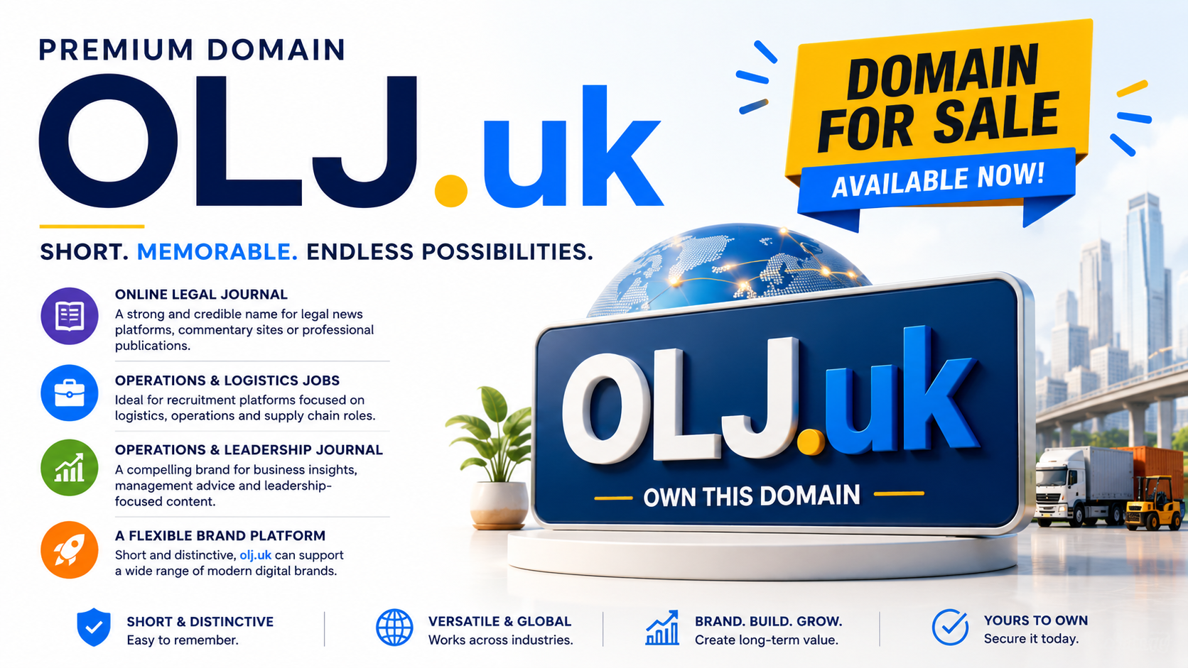 Promotional graphic featuring the domain OLJ.uk with legal, logistics and business journal visuals. Style: bright modern branding.